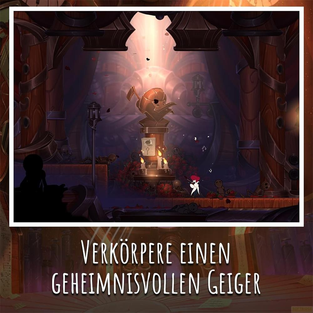Eine Figur mit rotem Haar steht vor einem Sockel mit einer bronzenen Figur und vielen Rosen.