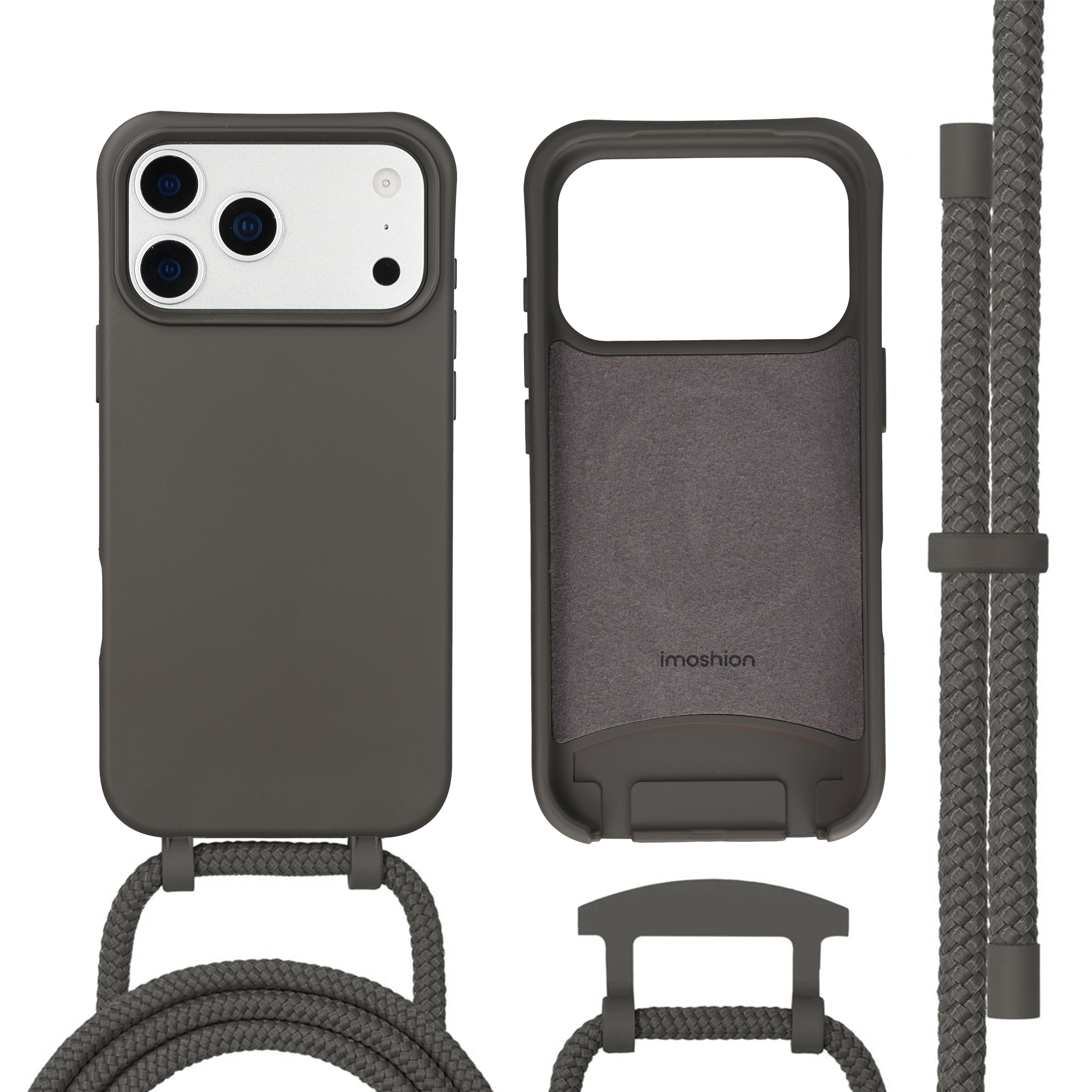 Donkergrijs telefoonhoesjesset met koord en bevestigingen.