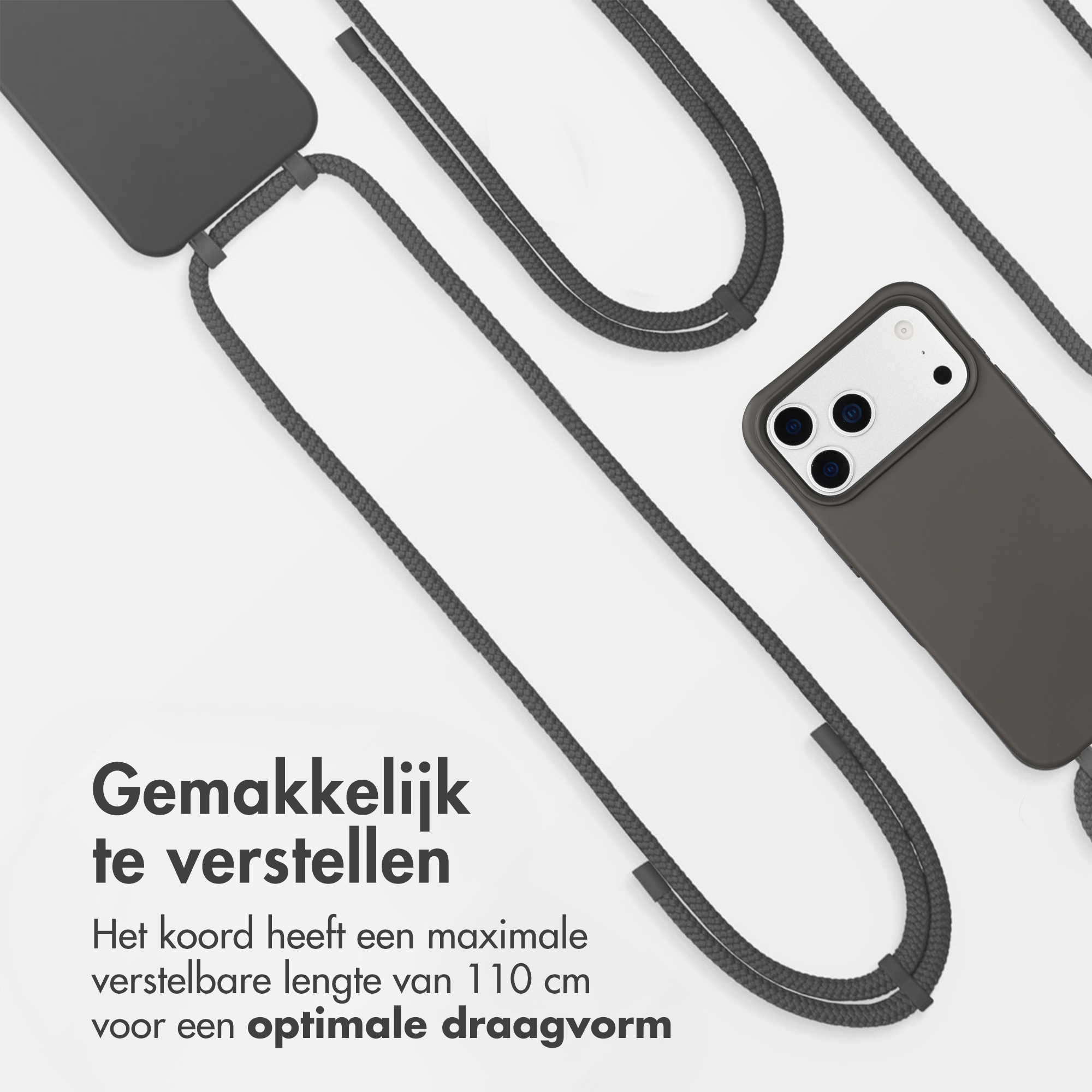 Donkergrijs smartphone met verstelbaar koord tot 110 cm.