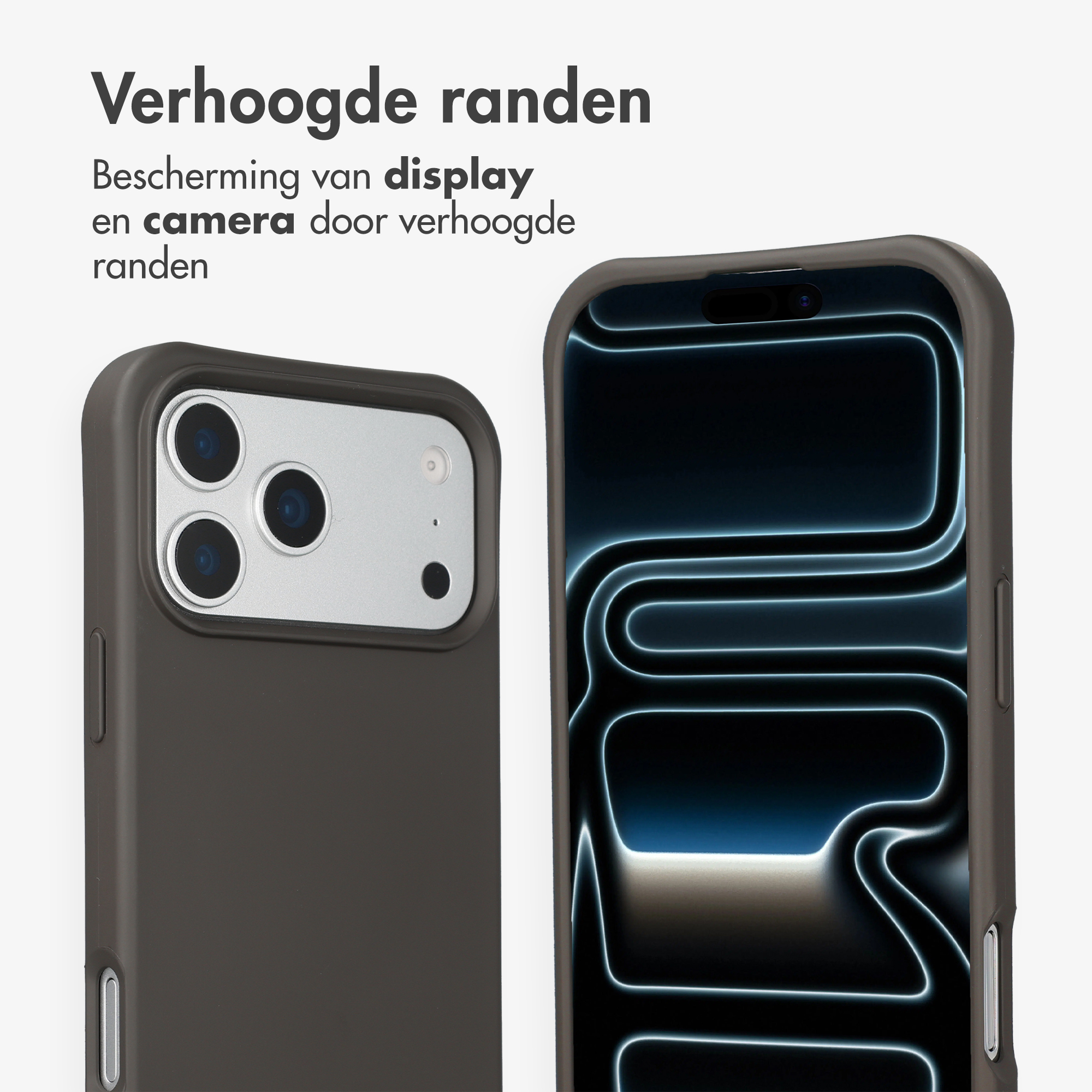Donker telefoonhoesje met verhoogde randen beschermt scherm en camera.