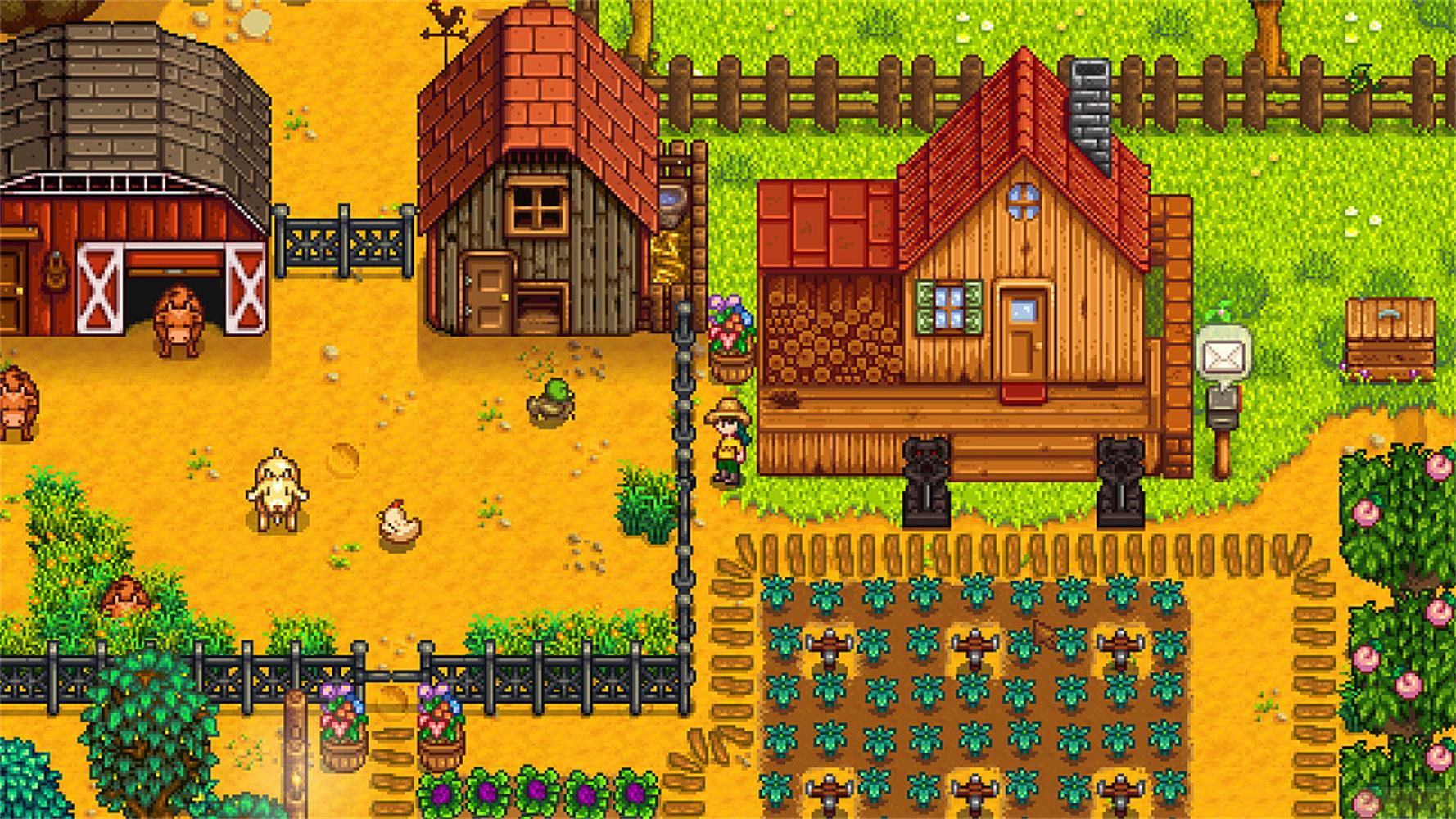 Eine Farm mit Hühnern, Schweinen und einem Haus. Anbaufläche ist sichtbar.