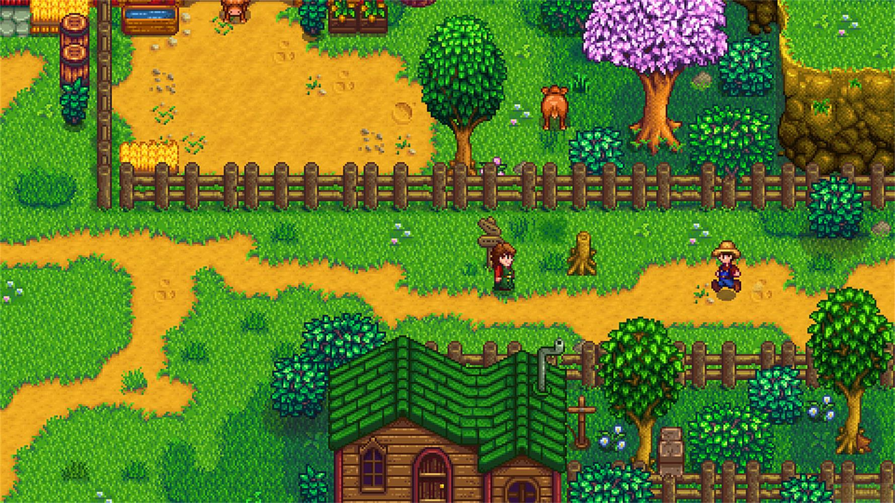 Pixelgrafik einer Farm mit zwei Charakteren, einem Haus, einem Baum und einem Tier.