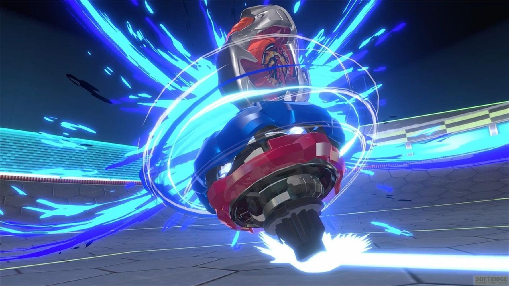Un beyblade tourne, entouré d'effets d'énergie bleue dans une arène.