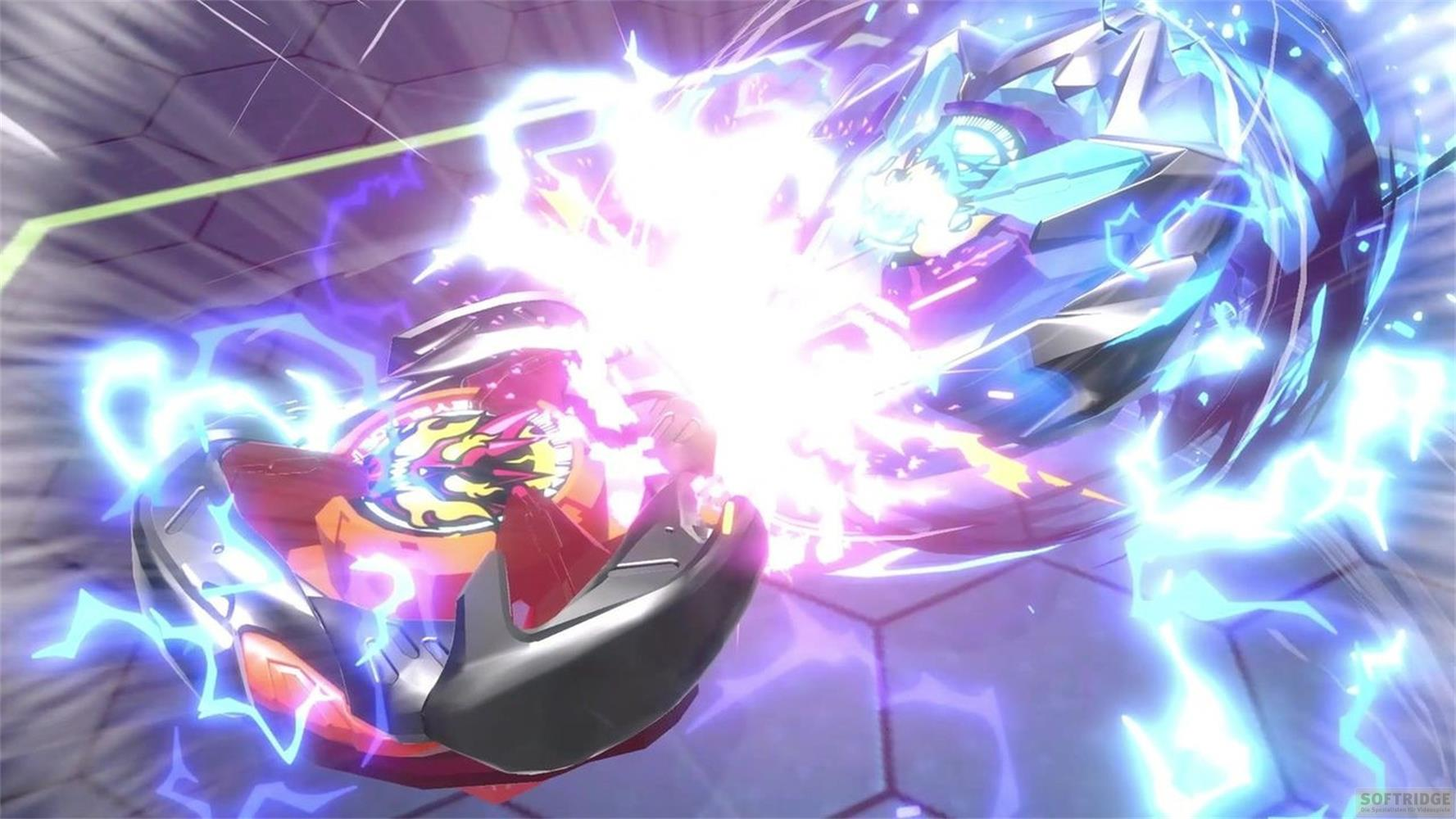 Deux toupies Beyblade dans une bataille intense, entourées d'éclairs.
