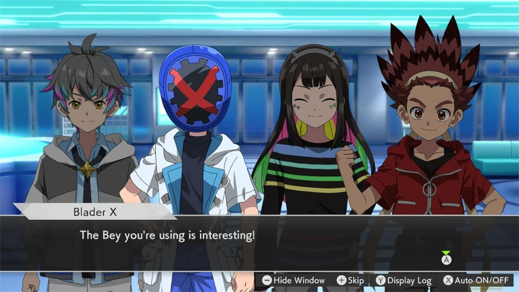 Quatre personnages d'anime se tiennent côte à côte. L'un porte un masque bleu.