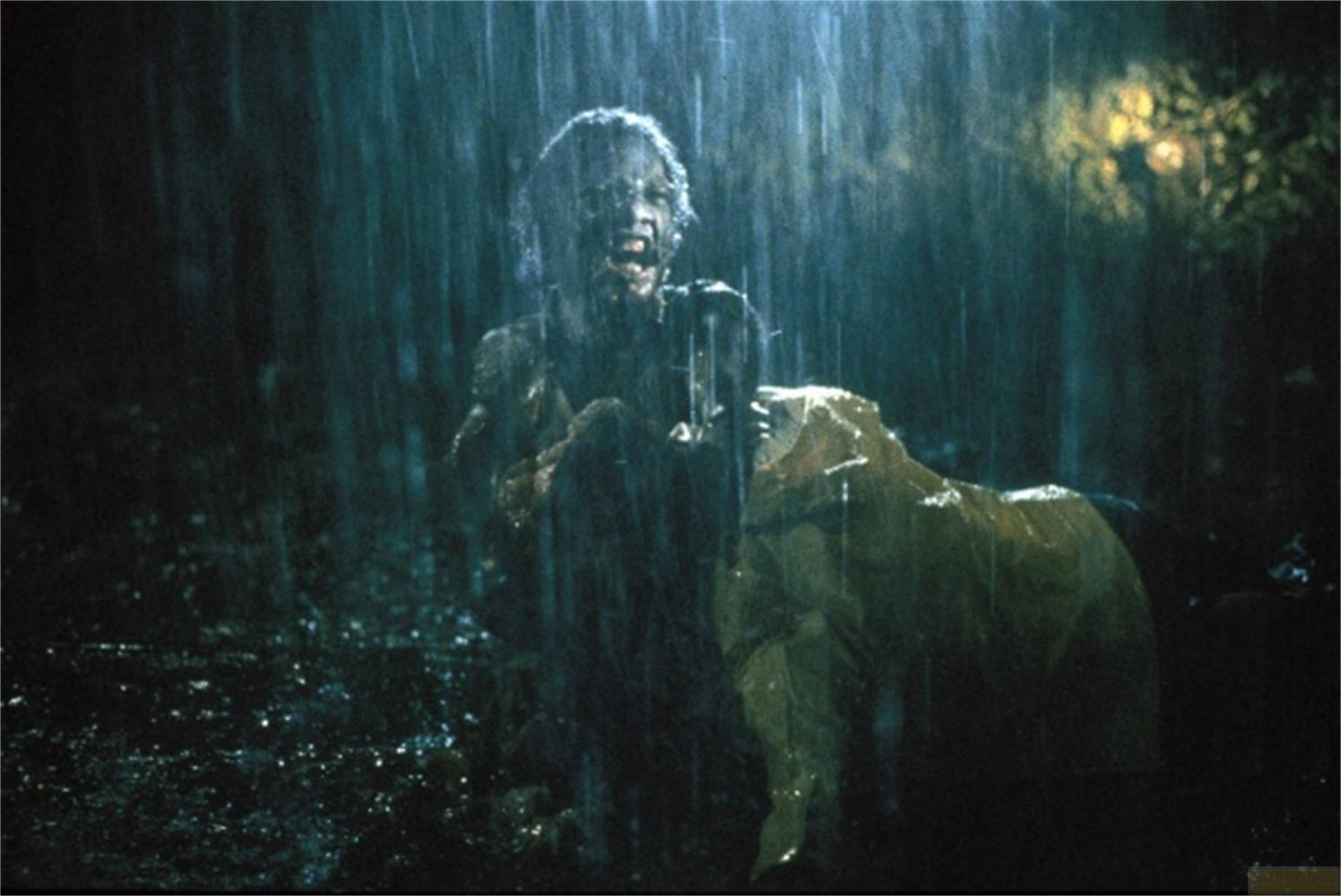 Una creatura sotto la pioggia in giallo, che urla.