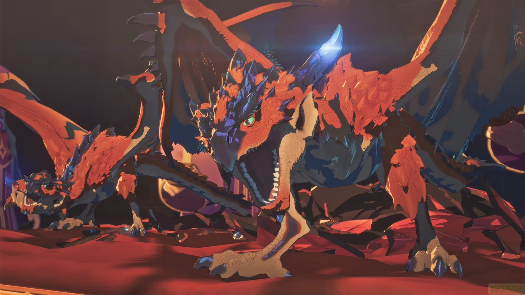 Ein roter Drache mit blauen Akzenten und ausgebreiteten Flügeln steht auf rotem Untergrund.