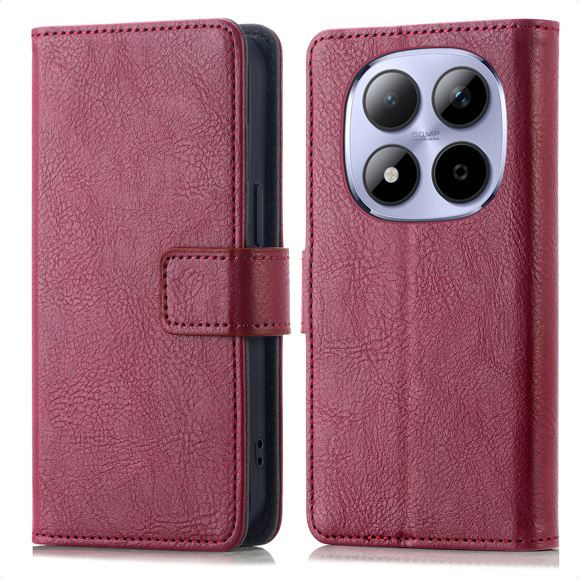 Étui de téléphone en cuir rouge avec système de caméra et fermeture magnétique.