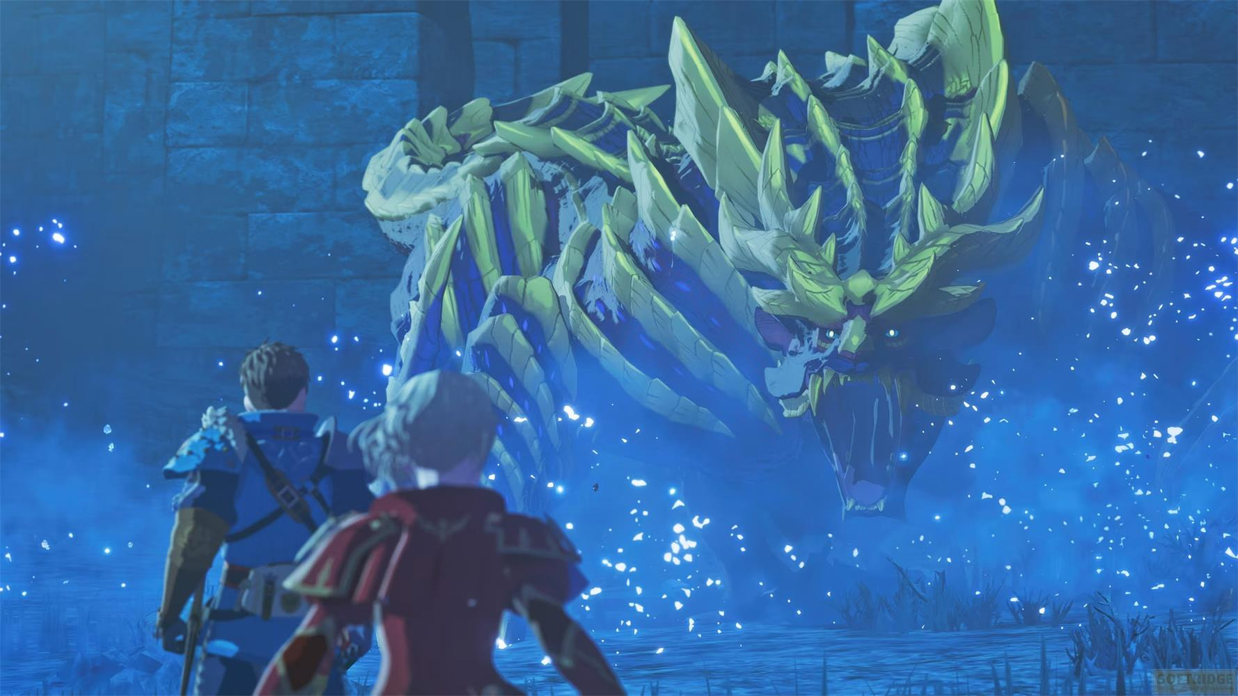 Ein grüner Drache mit goldenen Hörnern greift zwei Krieger in blauer und roter Rüstung an.