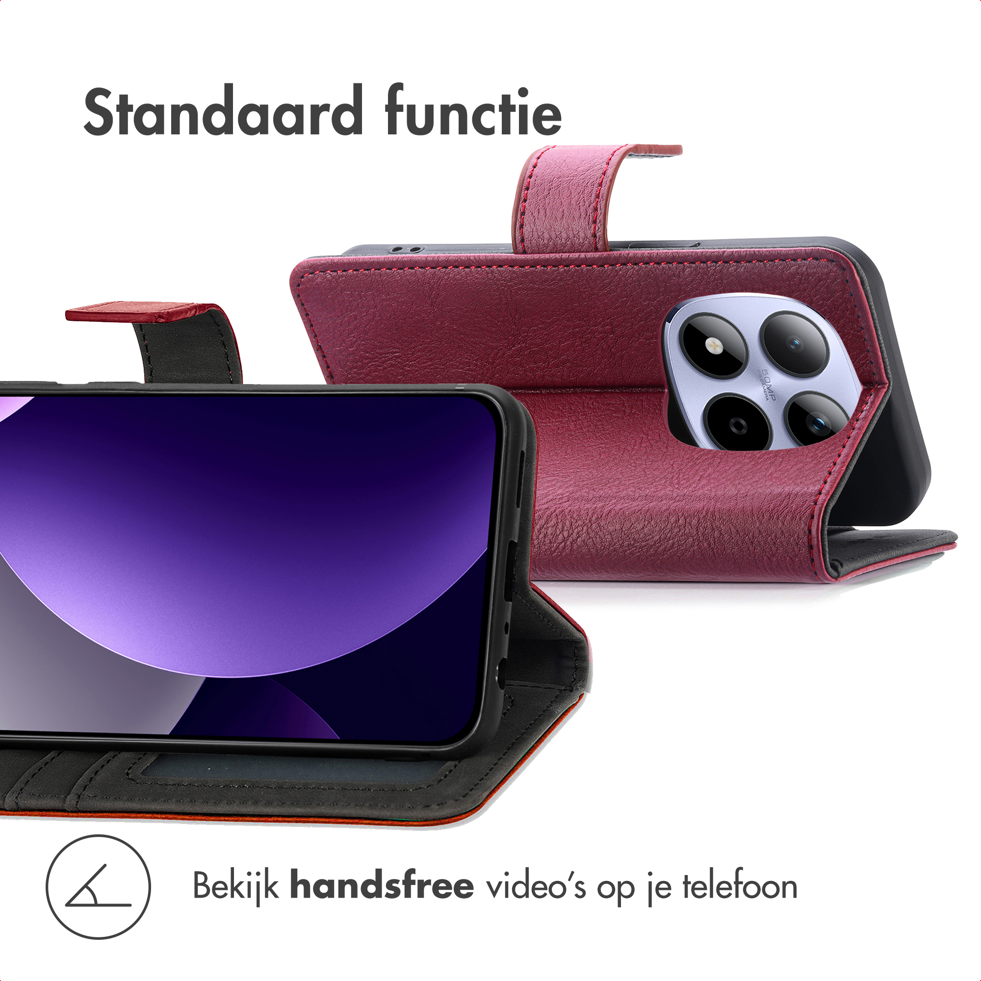 Un étui de téléphone en cuir rouge avec fonction support et module caméra visible.