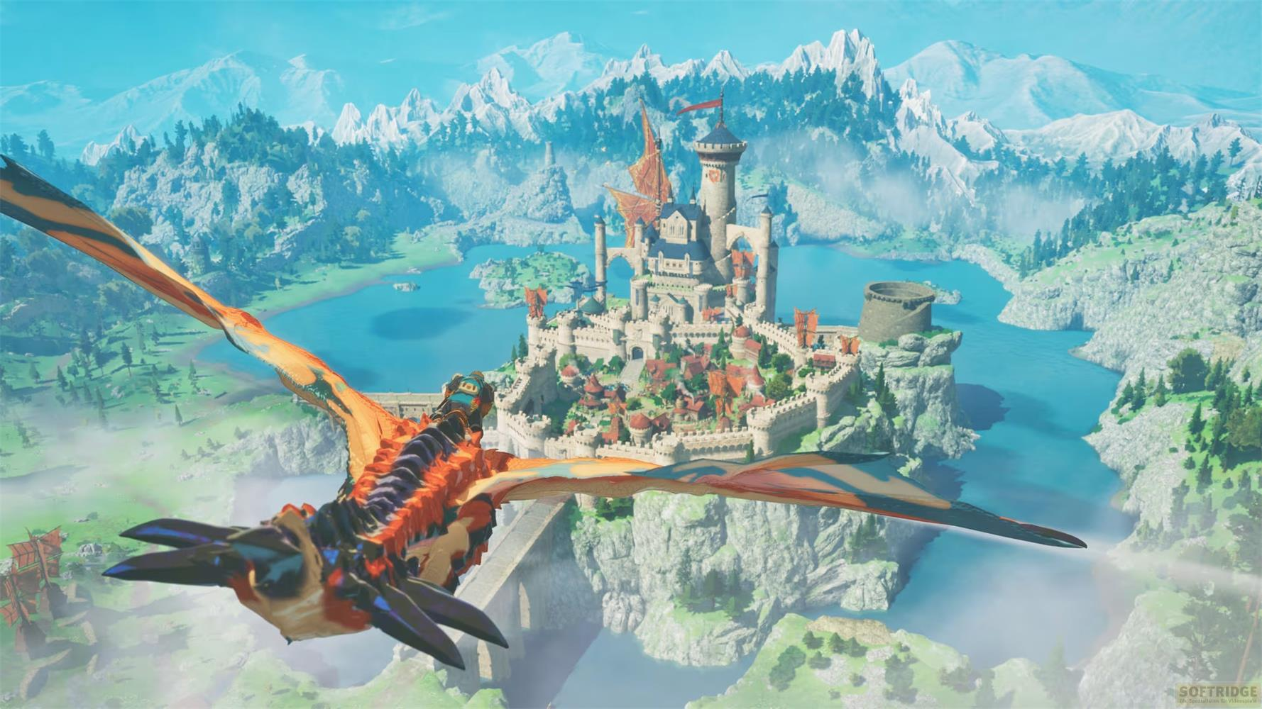 Ein geflügeltes Wesen fliegt auf eine Burg zu, die auf einer felsigen Insel liegt.