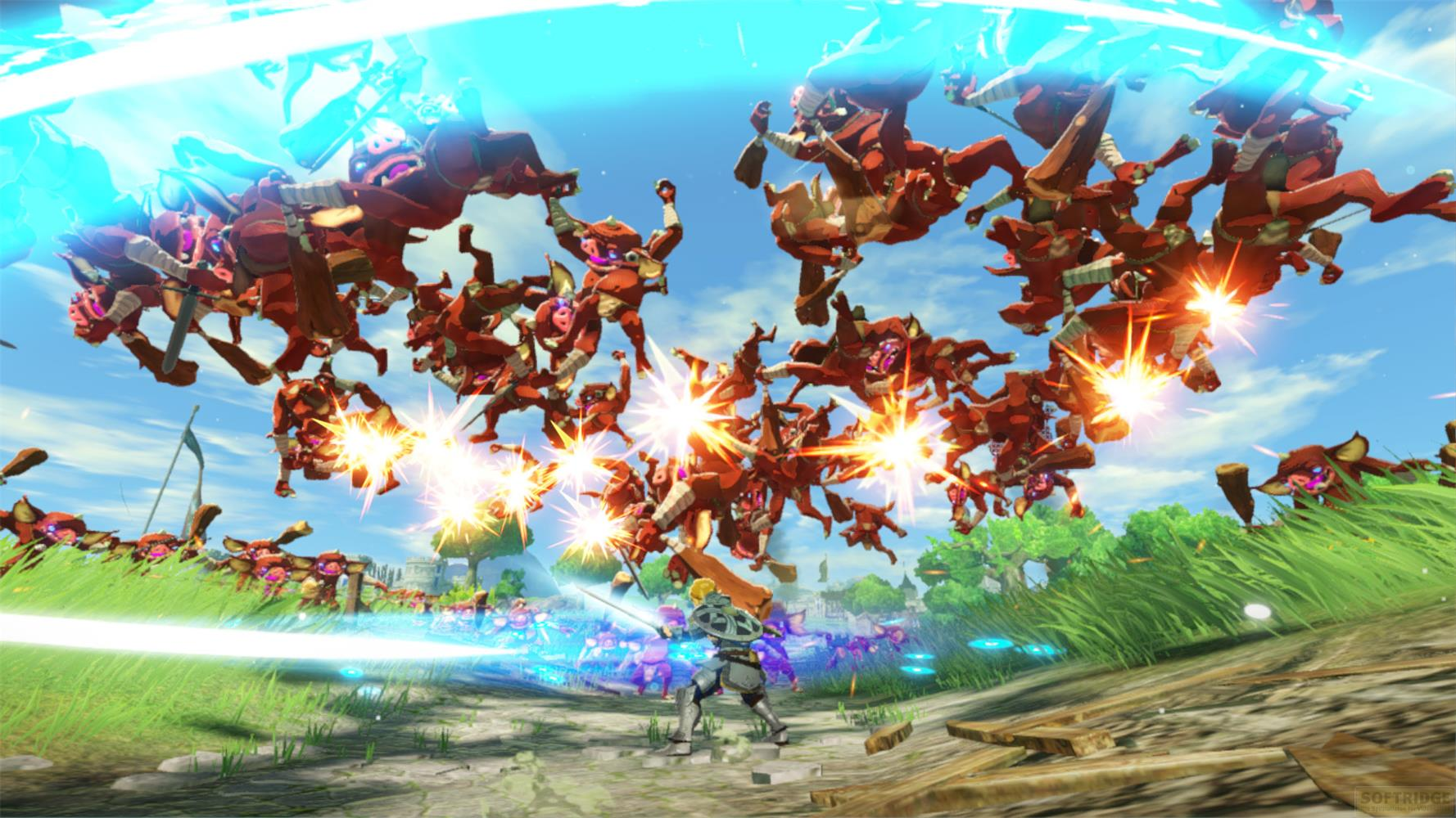 Un guerrier solitaire fait face à une horde de monstres rouges sous un ciel bleu vif.