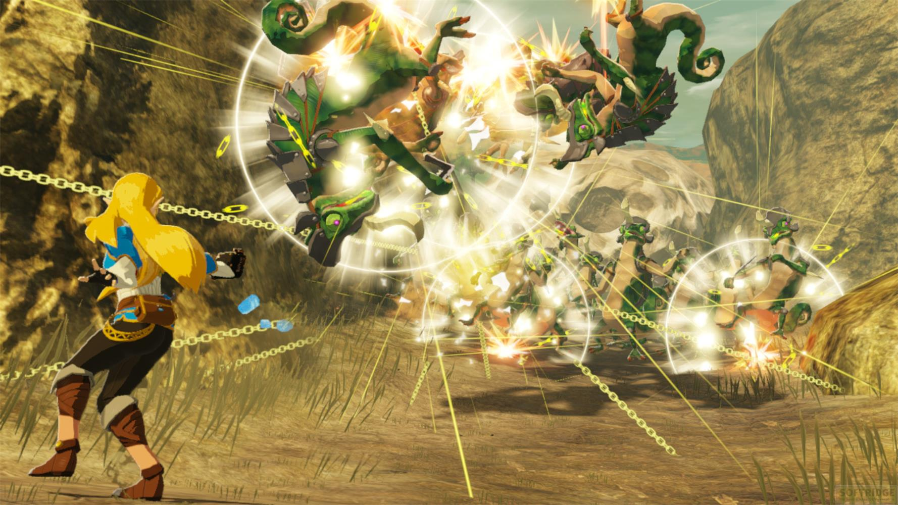 Zelda combat de nombreux monstres verts dans un paysage rocheux.
