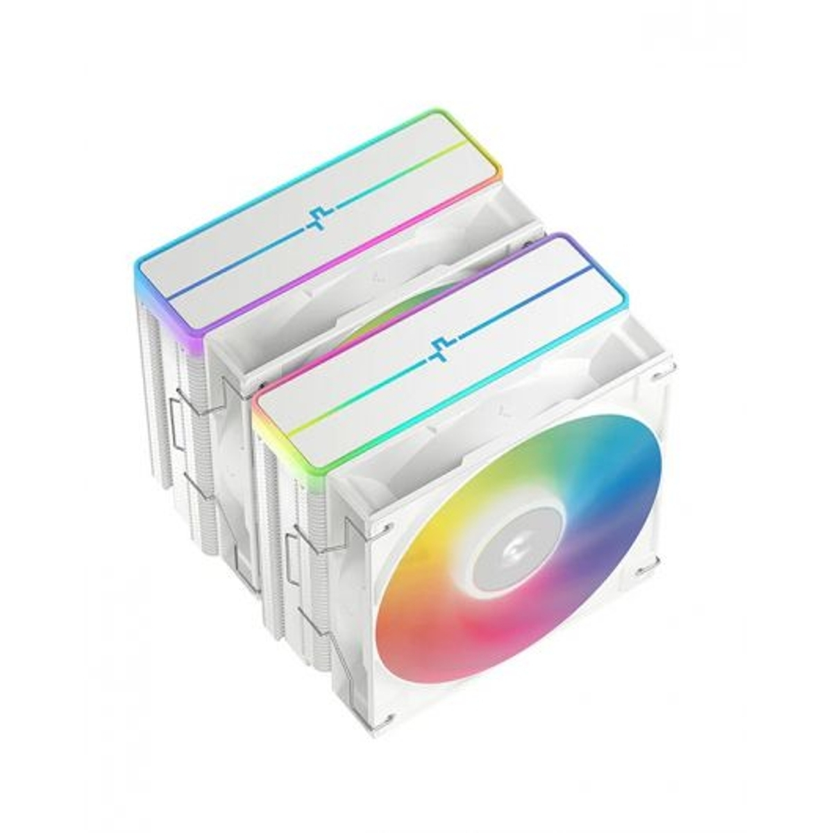 Disipador de CPU blanco con ventilador y luces RGB.