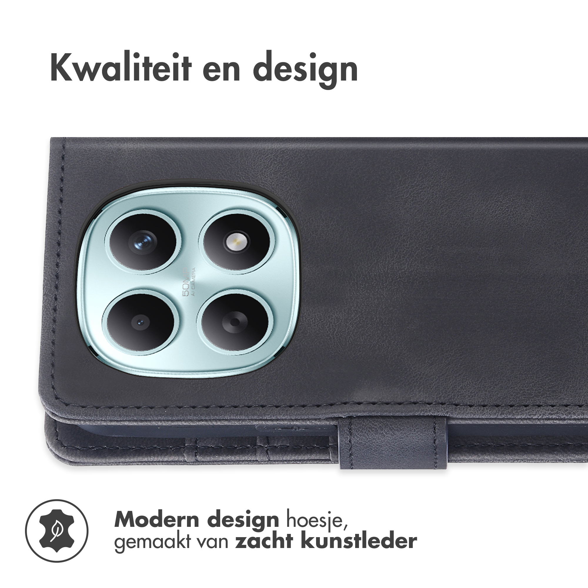 Donkergrijs telefoonhoesje met camera-uitsparing en logo.