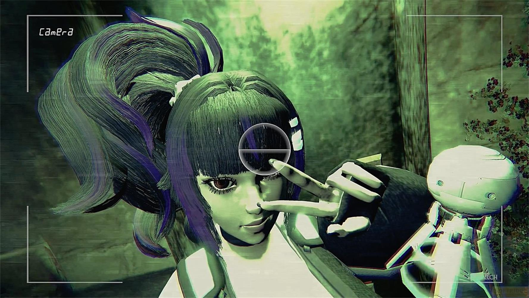 Personnage d'anime avec des cheveux violets et un robot à côté.