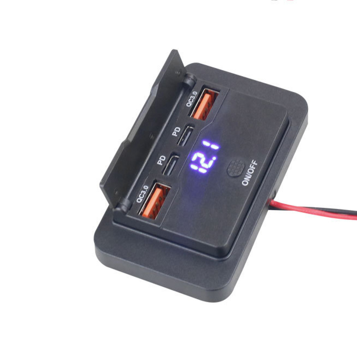 Czarna ładowarka USB z dwoma portami QC3.0, dwoma portami PD i cyfrowym wyświetlaczem.