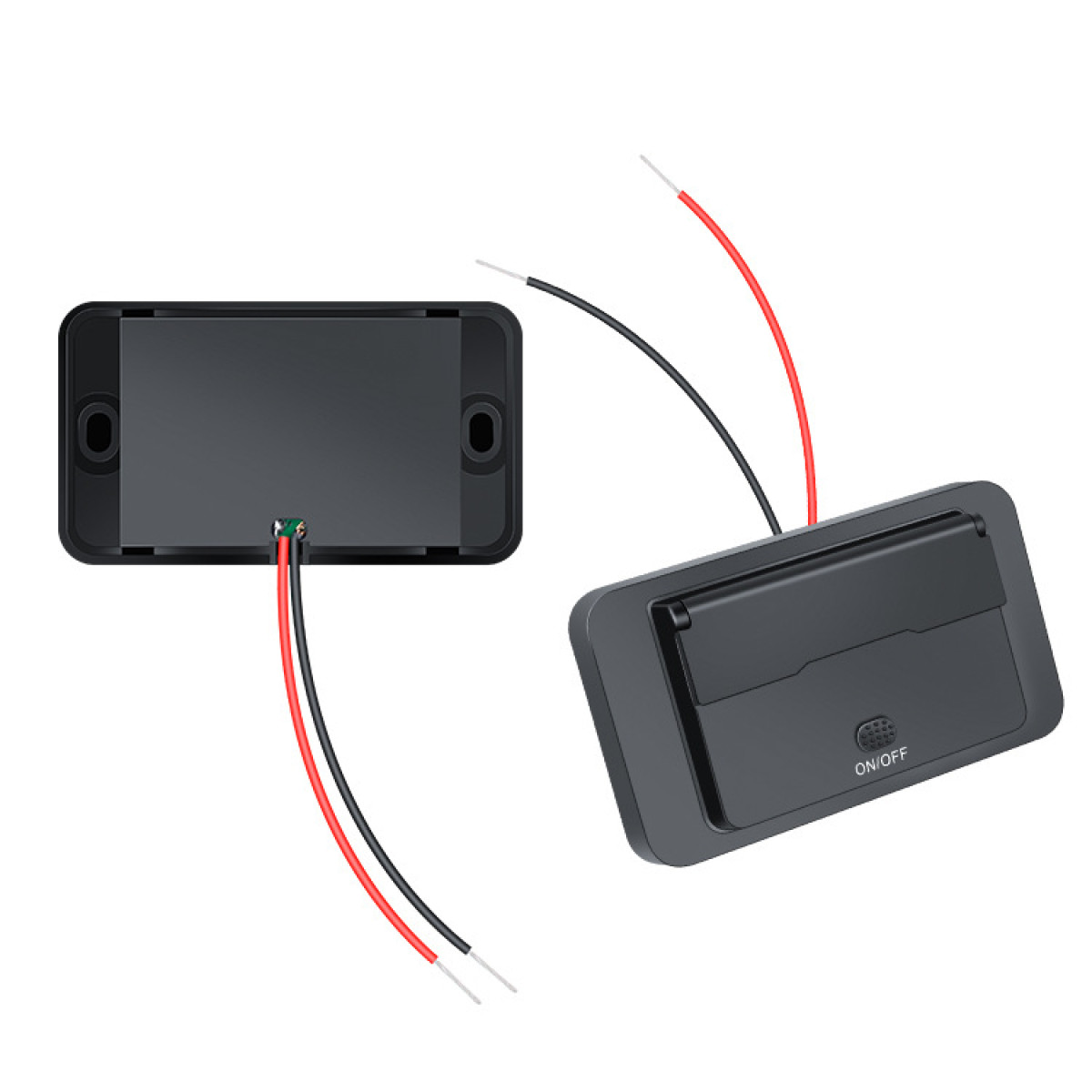 Dwa czarne podzespoły elektroniczne z czerwonymi i czarnymi przewodami.