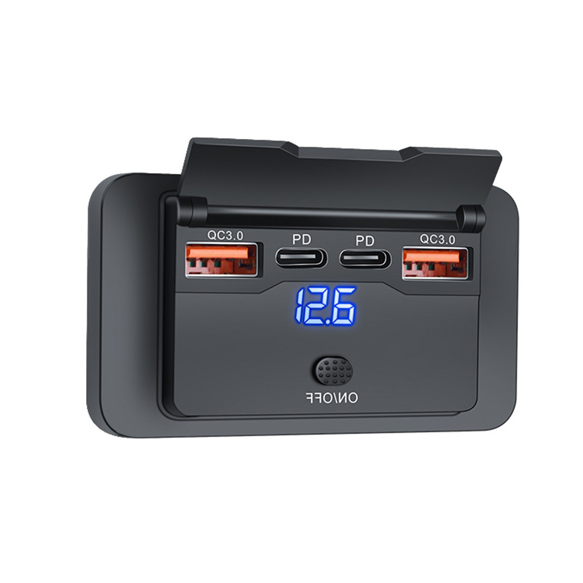 Czarna ładowarka z dwoma portami QC3.0 i dwoma PD, niebieskim wyświetlaczem.