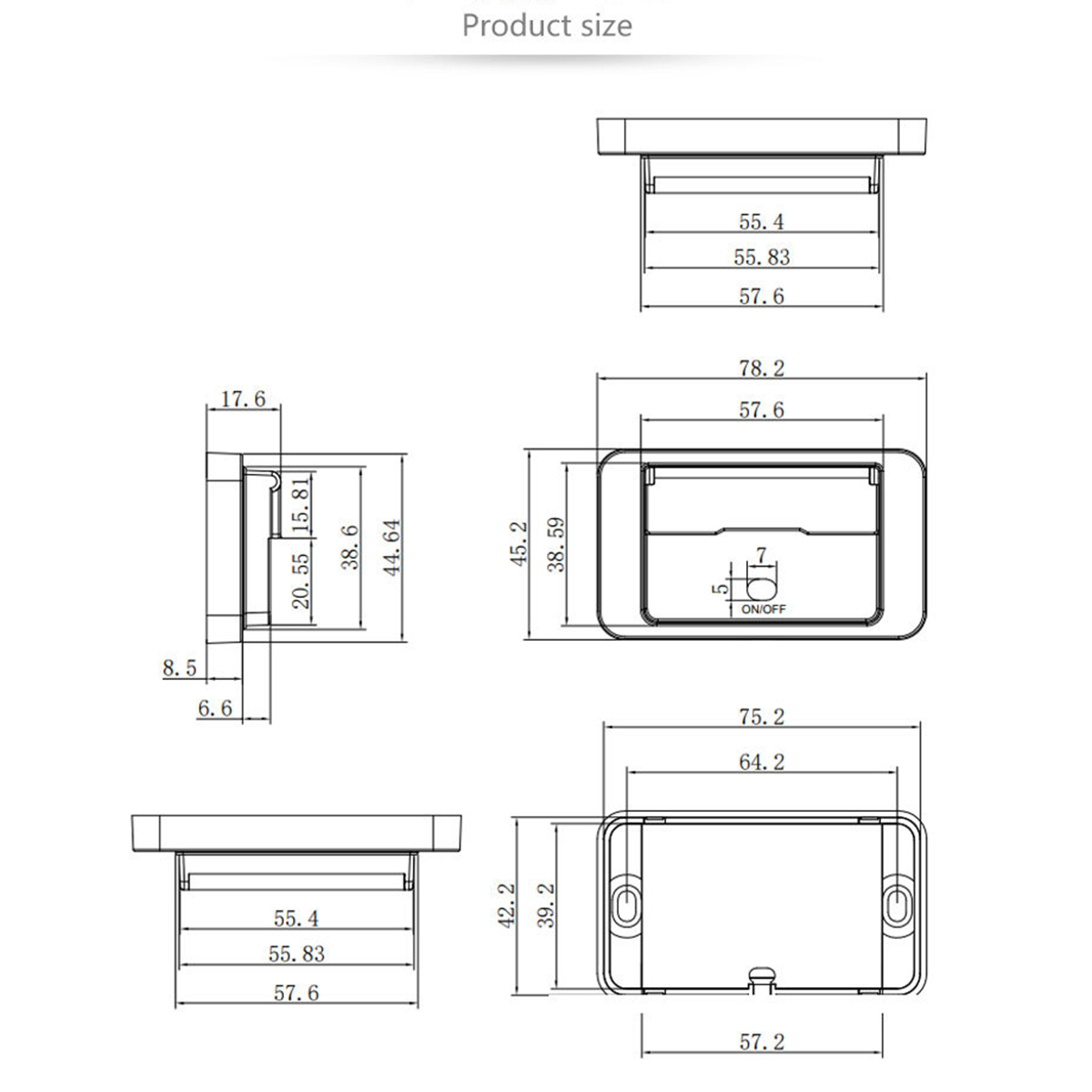 Rysunek techniczny z wymiarami prostokątnego produktu, z przełącznikiem.