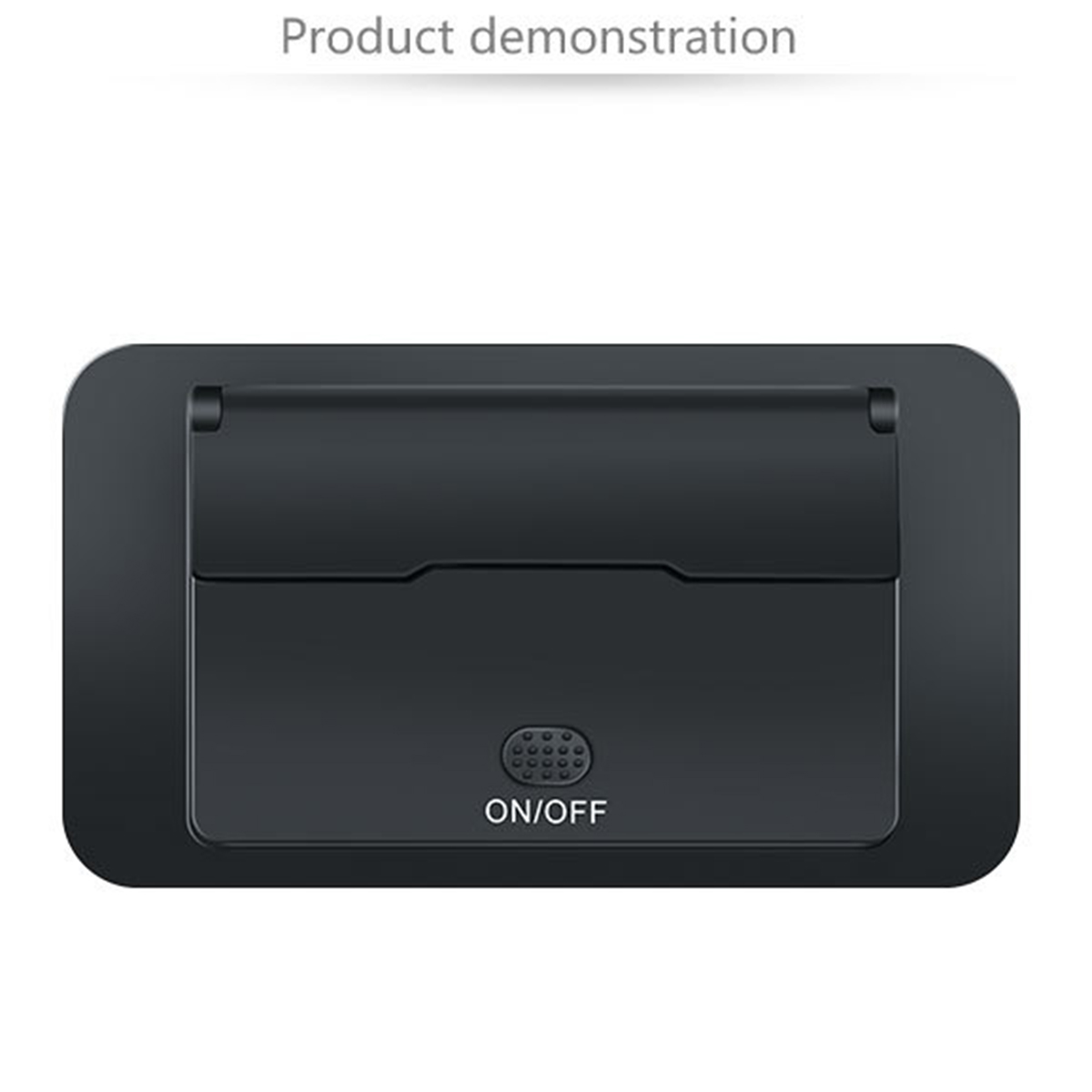 Czarno-elektroniczne urządzenie z przyciskiem WŁ./WYŁ. i wzorem kratki.