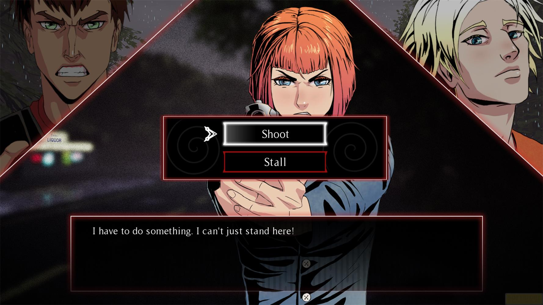 Scène d'anime avec trois personnages, une femme pointe une arme.