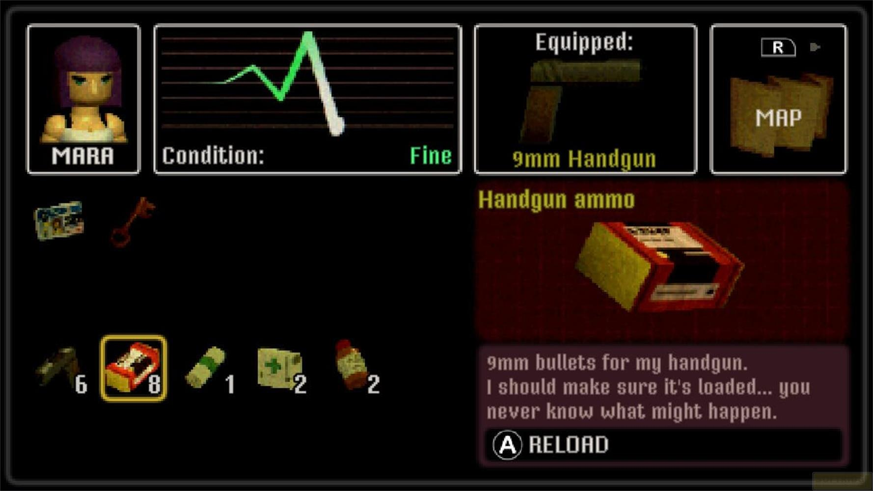 Inventaire montrant le personnage Mara, pistolet 9mm, munitions, carte, clé et objets de soin.