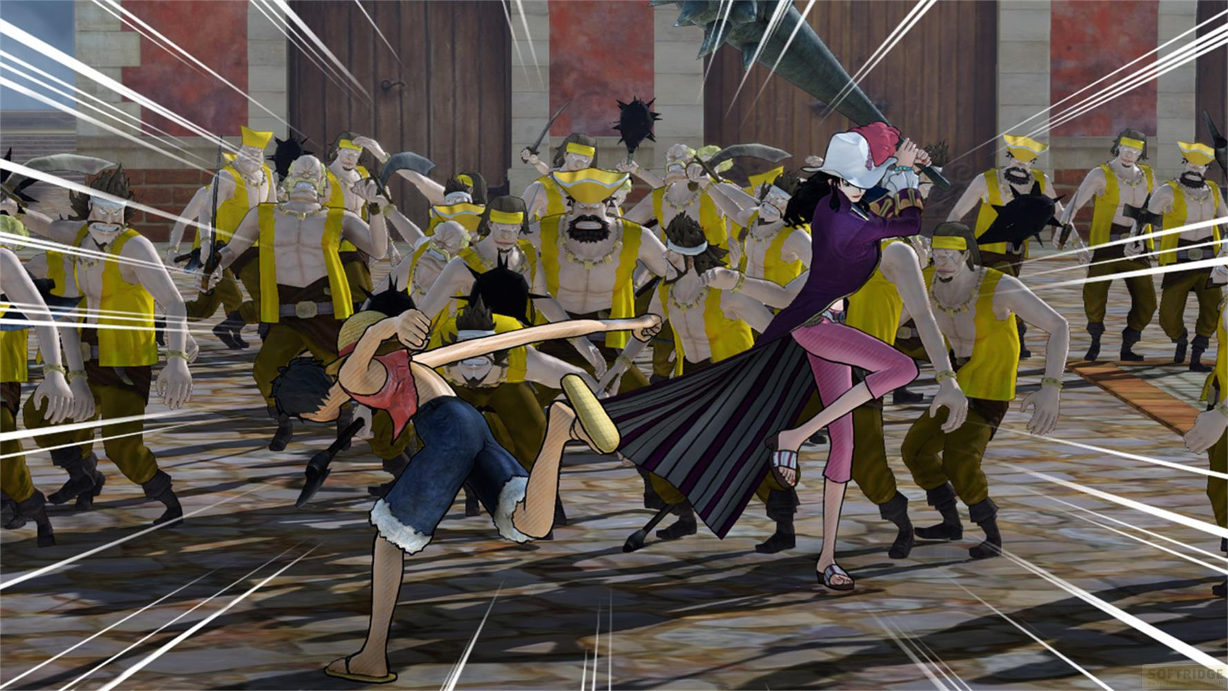 Luffy et Robin combattent un groupe d'ennemis en gilets jaunes.