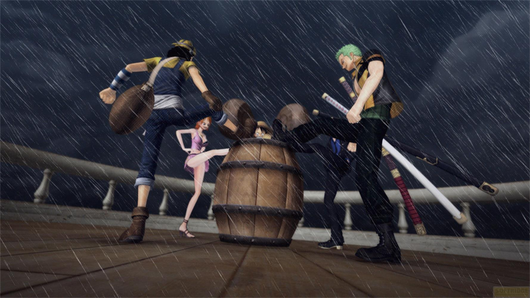 Des personnages se battent autour d'un baril sur un pont sous la pluie.