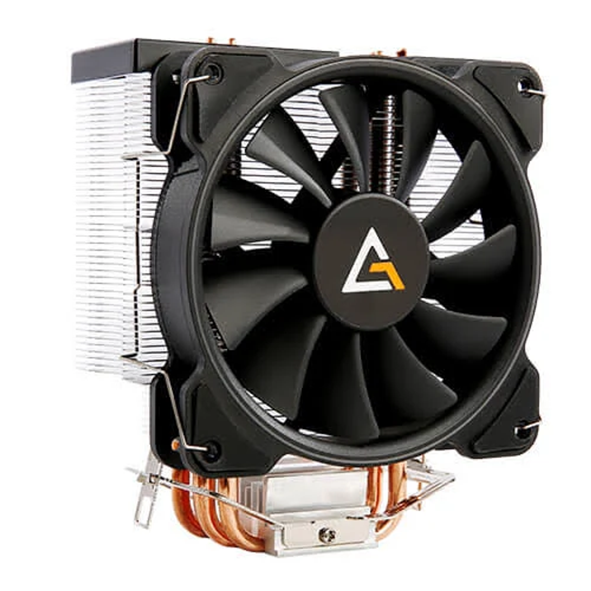 Czarny cooler CPU z wentylatorem i miedzianymi rurkami cieplnymi.