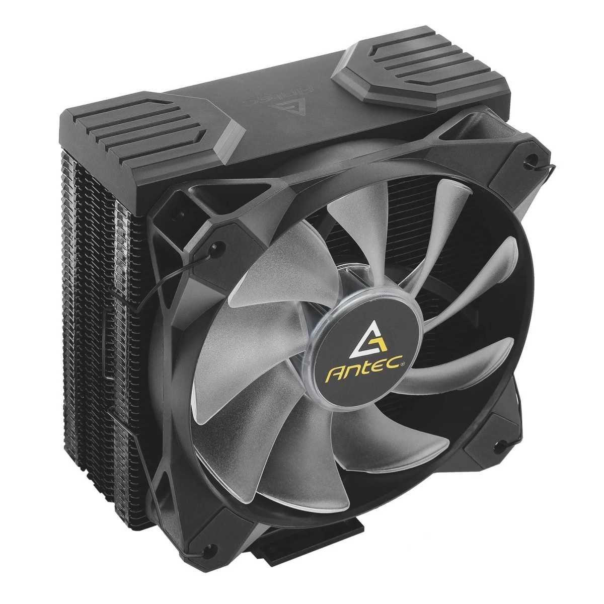 Czarna chłodnica CPU z srebrnym wentylatorem i logo Antec.
