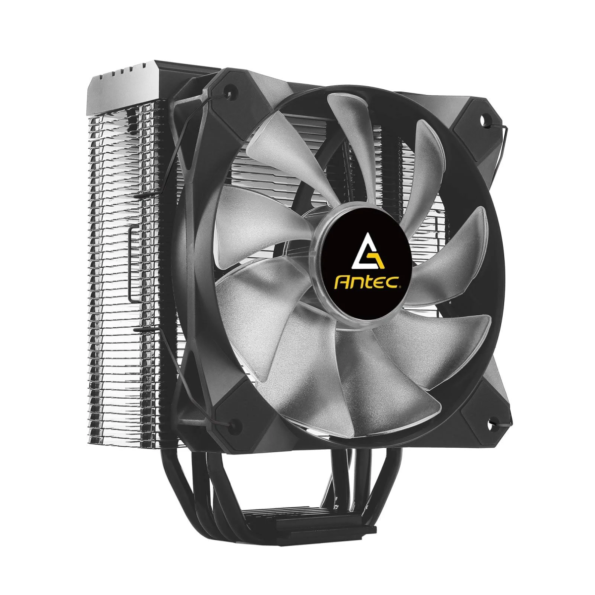Czarna chłodnica CPU z srebrnymi łopatkami wentylatora i logo Antec.