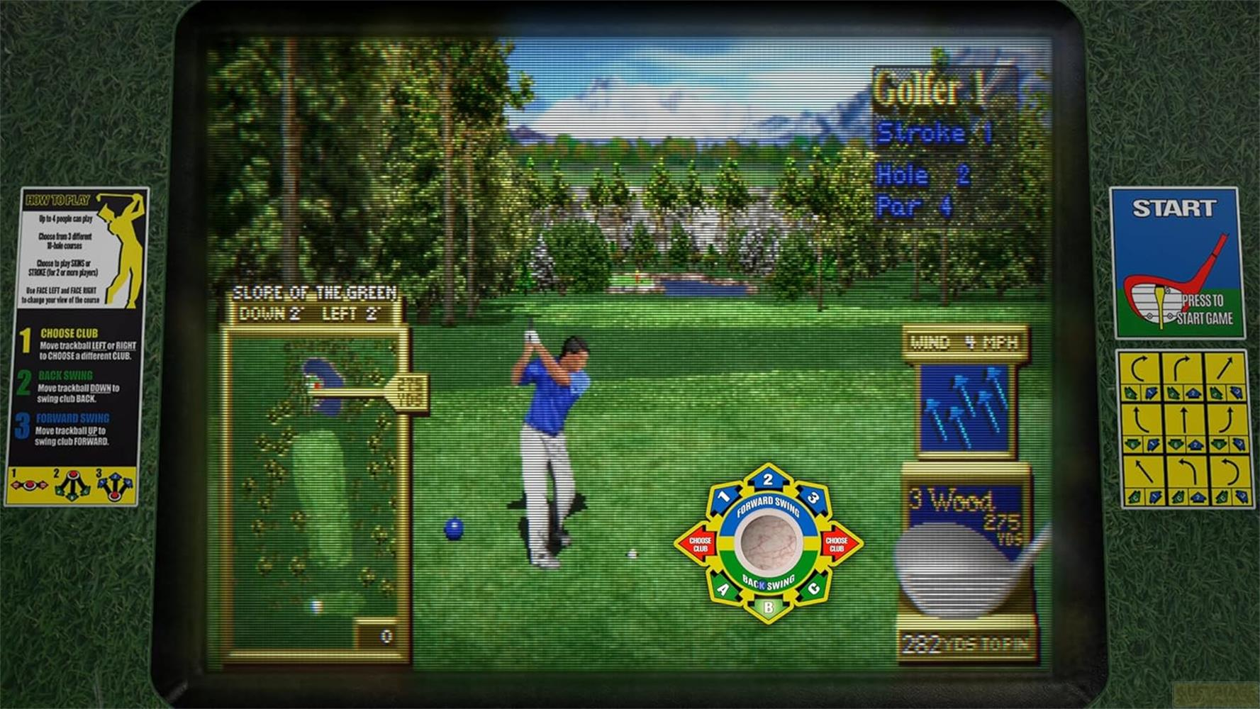 Jeu vidéo de golf : joueur qui balance, avec infos, vent et choix de club.