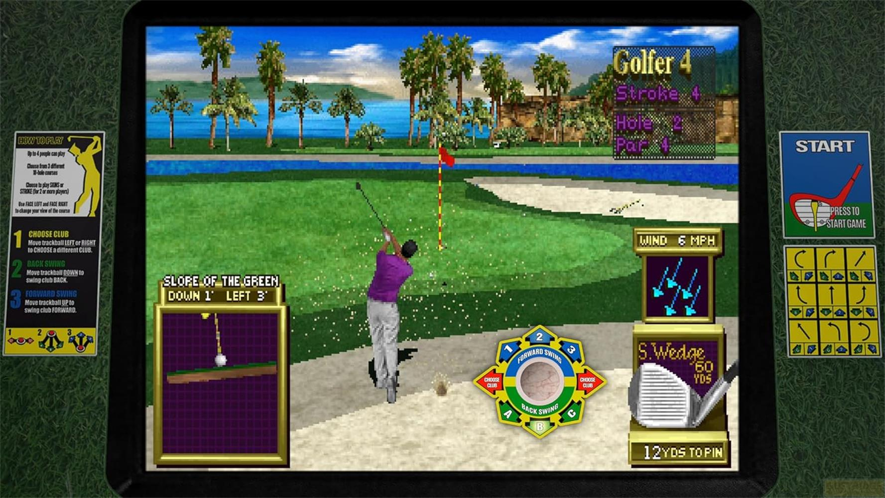 Un golfeur balance un club sur un parcours vert avec des palmiers et de l'eau en arrière-plan.