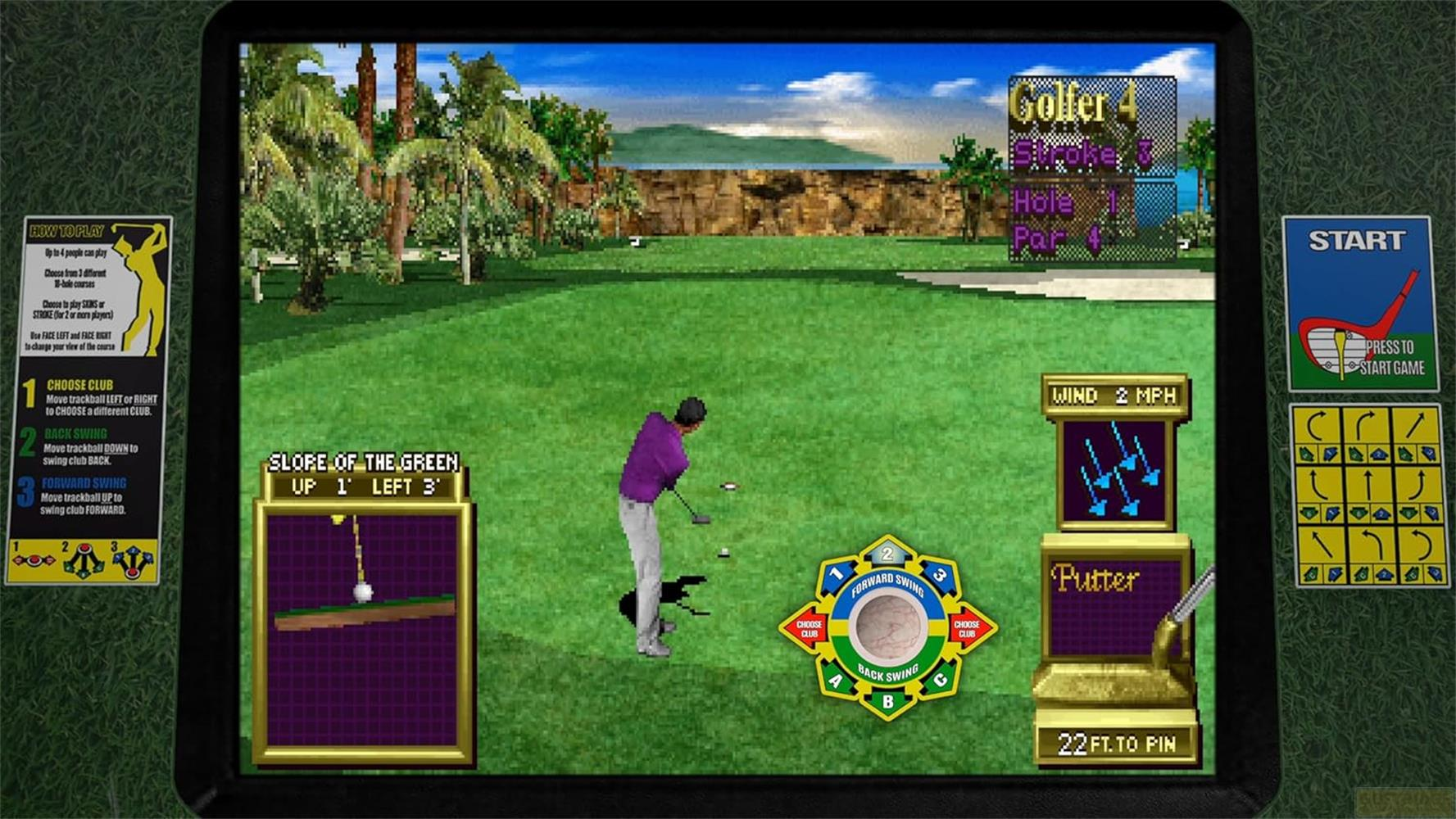 Golfeur frappe balle sur terrain vert avec palmiers. Interface de jeu visible.