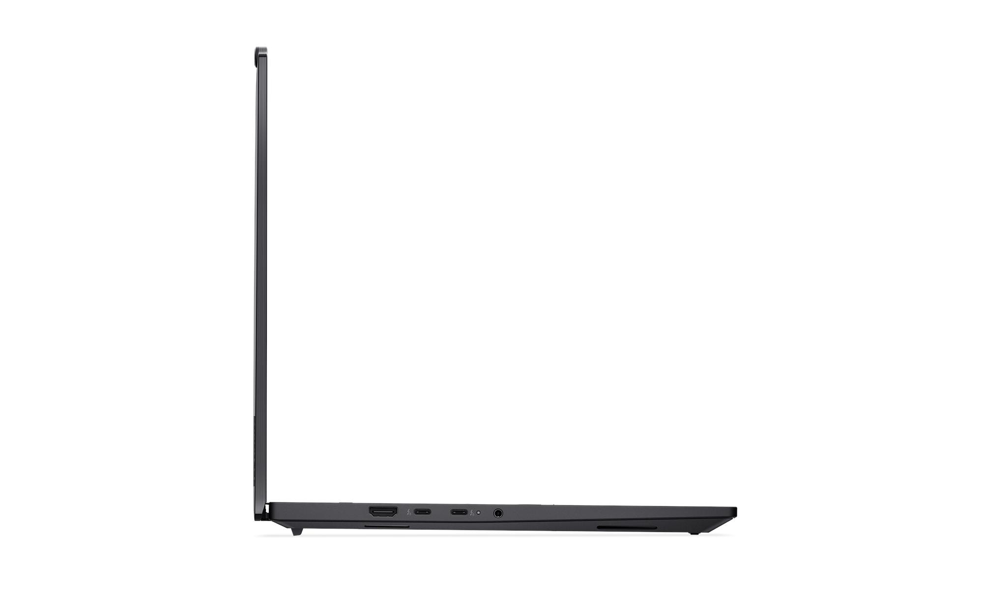 Laptop nero di profilo laterale con porte sul bordo inferiore.