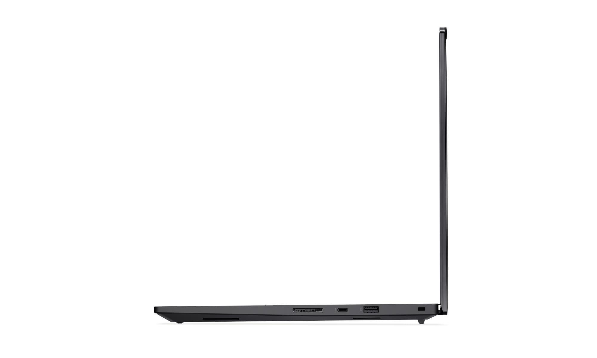 Un laptop scuro di profilo con porte visibili sul lato.