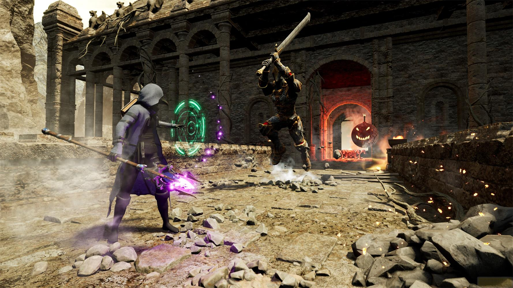 Un mago con bastone e un guerriero con spada combattono.