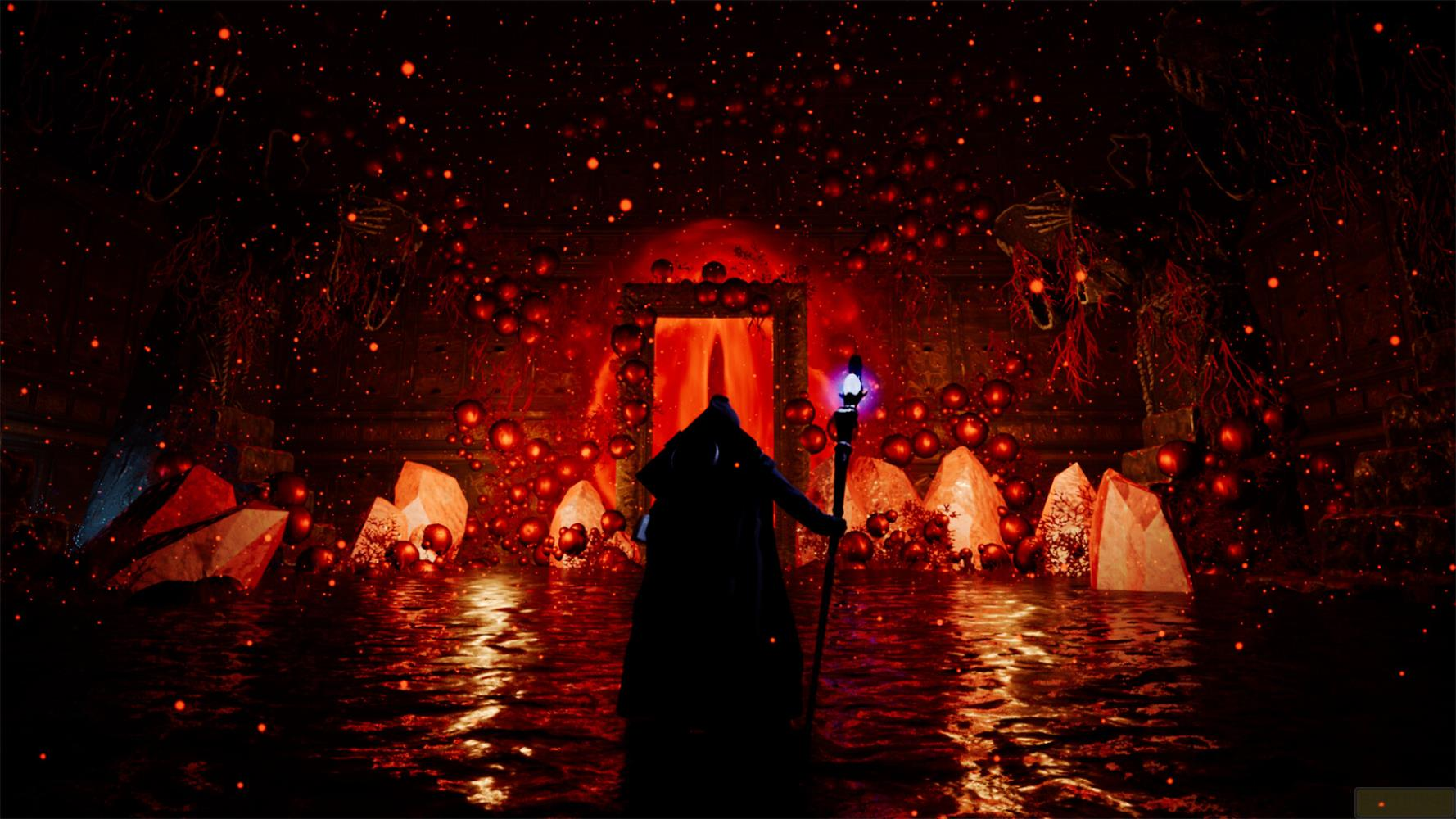 Una figura in silhouette con un bastone davanti a un portale luminoso, circondata da sfere rosse.