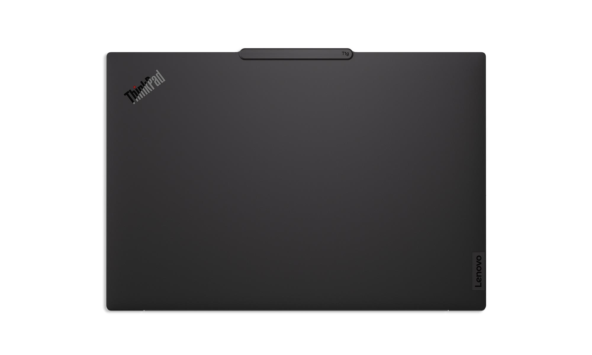 Laptop nero con logo ThinkPad in alto a sinistra e logo Lenovo in basso a destra.