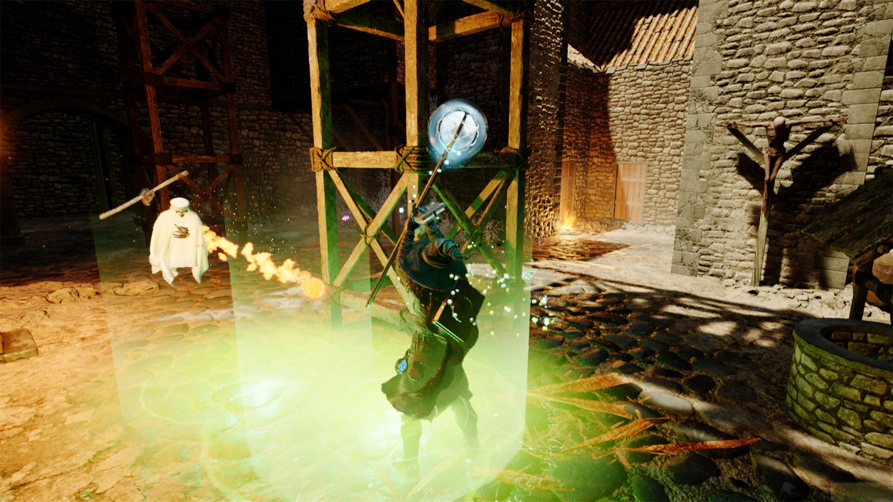 Mago con bastone in luce verde, un altro lancia fuoco.