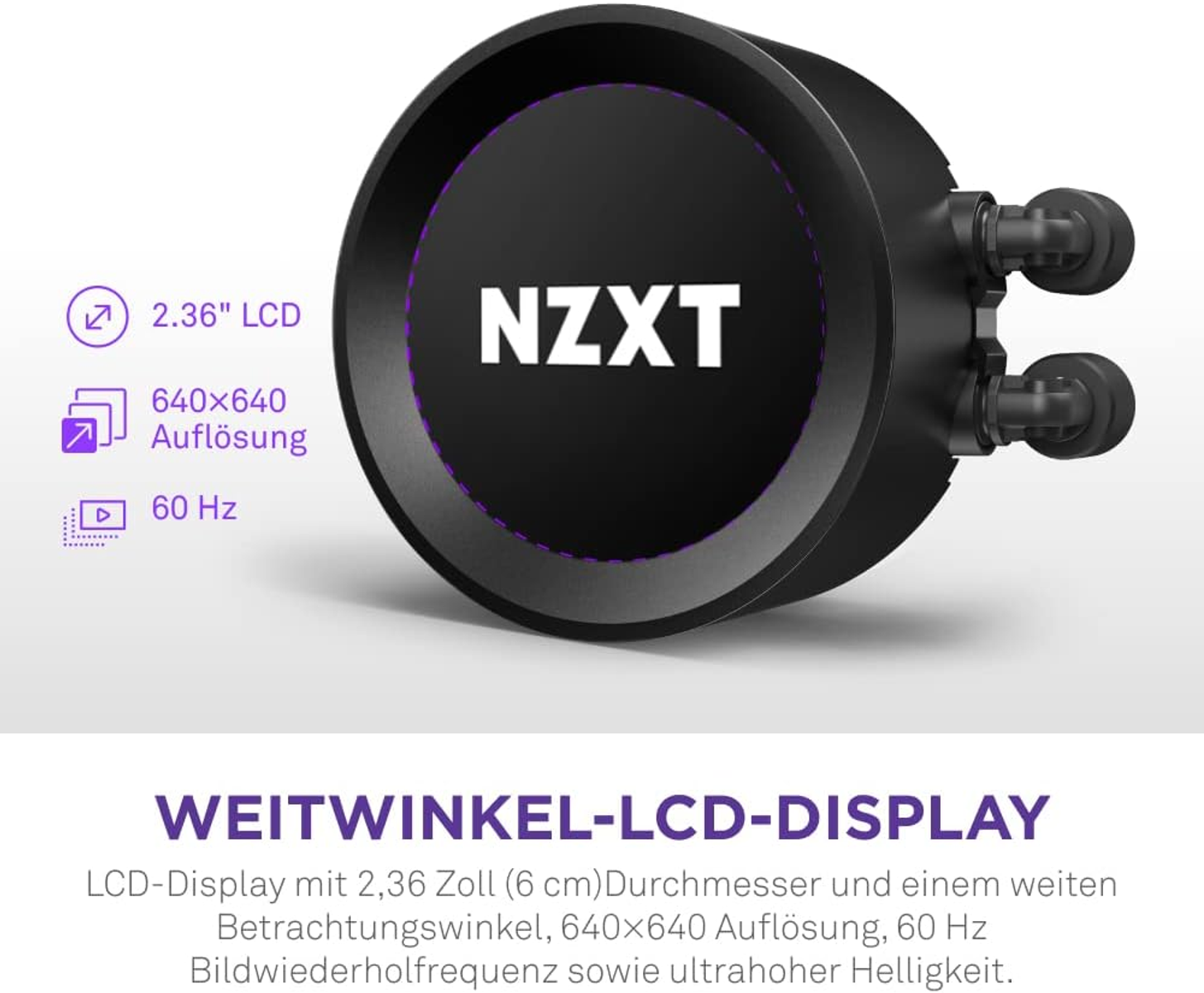 Schwarzes NZXT LCD-Display mit 2,36 Zoll, 640x640 Auflösung, 60 Hz.