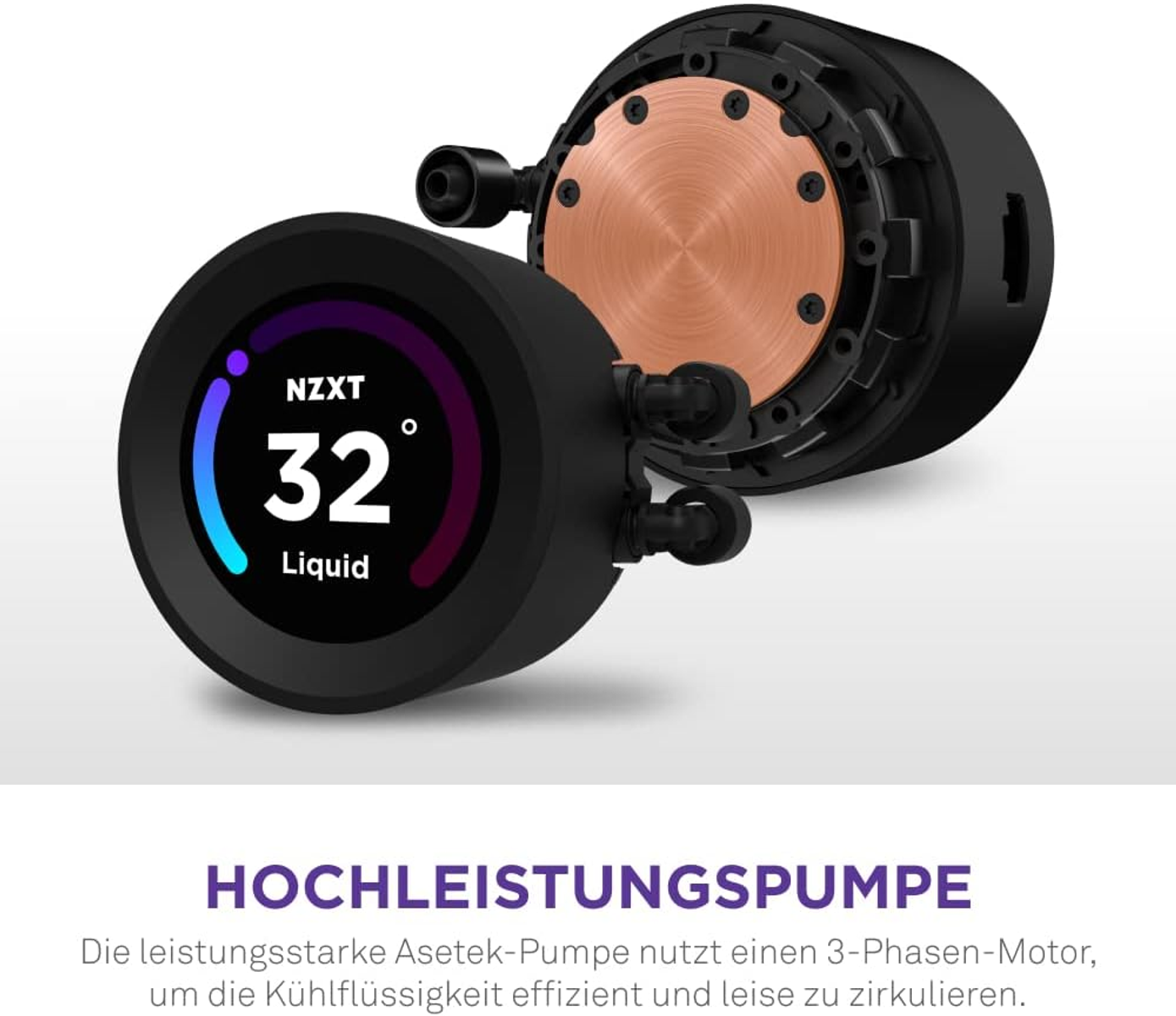 NZXT CPU-Kühler mit Display zeigt 32°C an. Kupferboden sichtbar.