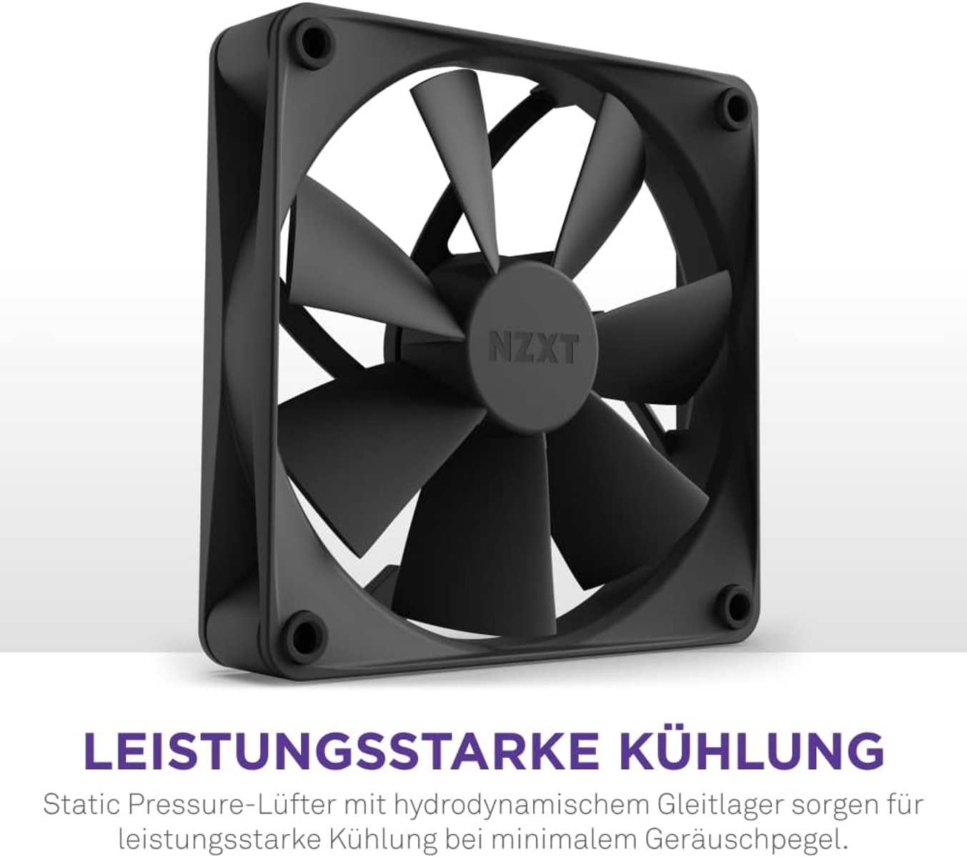 Ein schwarzer NZXT Computerlüfter mit neun Schaufeln, aus der Nähe gezeigt.