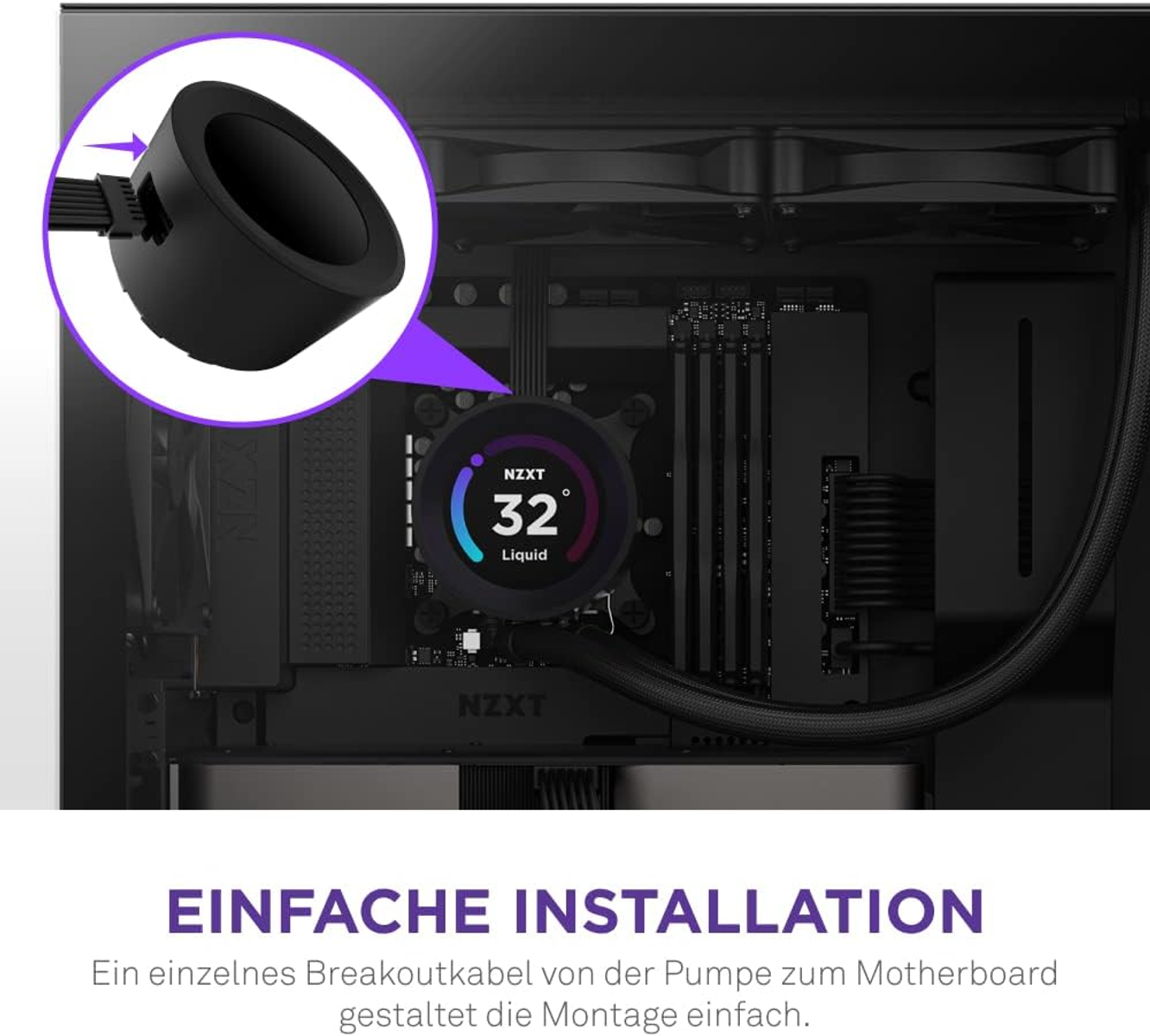 NZXT CPU-Kühler mit digitaler Anzeige von 32° C Flüssigkeitstemperatur.