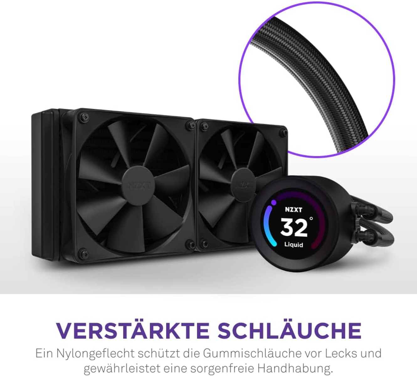 Ein NZXT CPU-Kühler mit zwei Lüftern, Wakü-Pumpe und rundem Display.