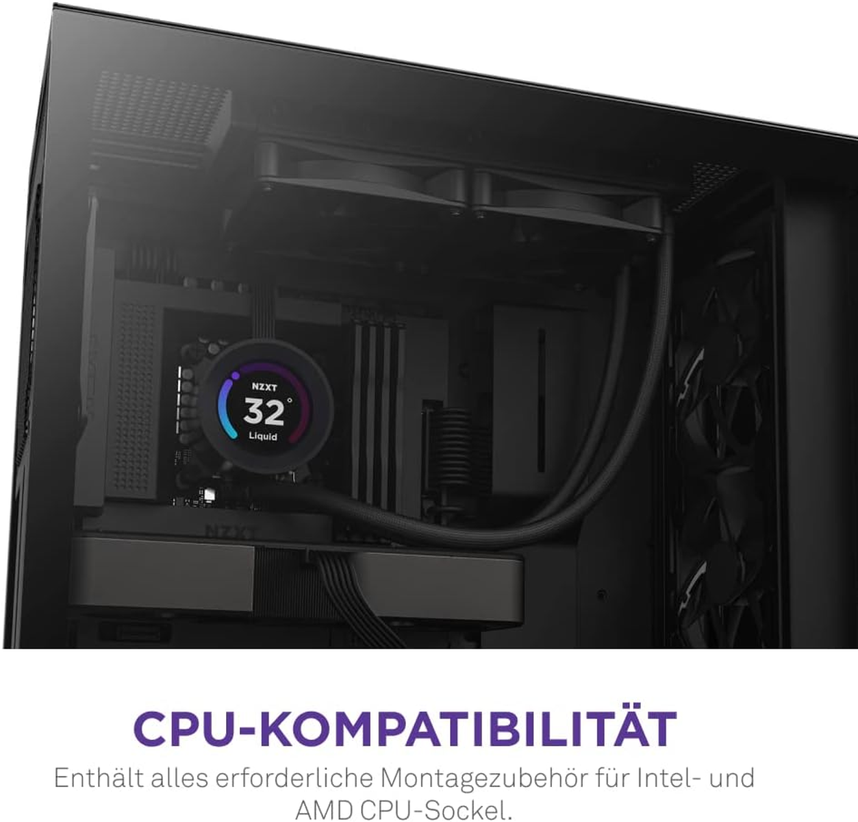 NZXT Wasserkühlung mit 32°C Flüssigkeitstemperatur in einem PC-Gehäuse.