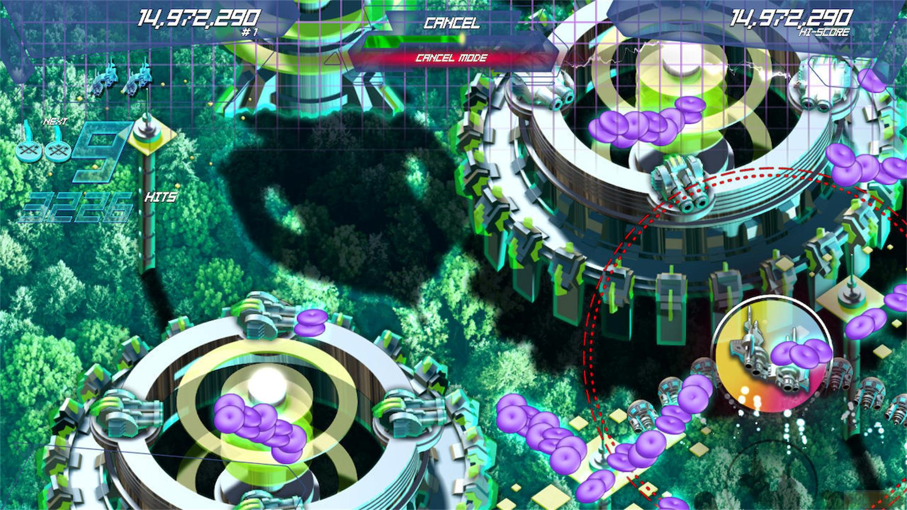 Un gioco futuristico con sfere viola ed elementi meccanici.