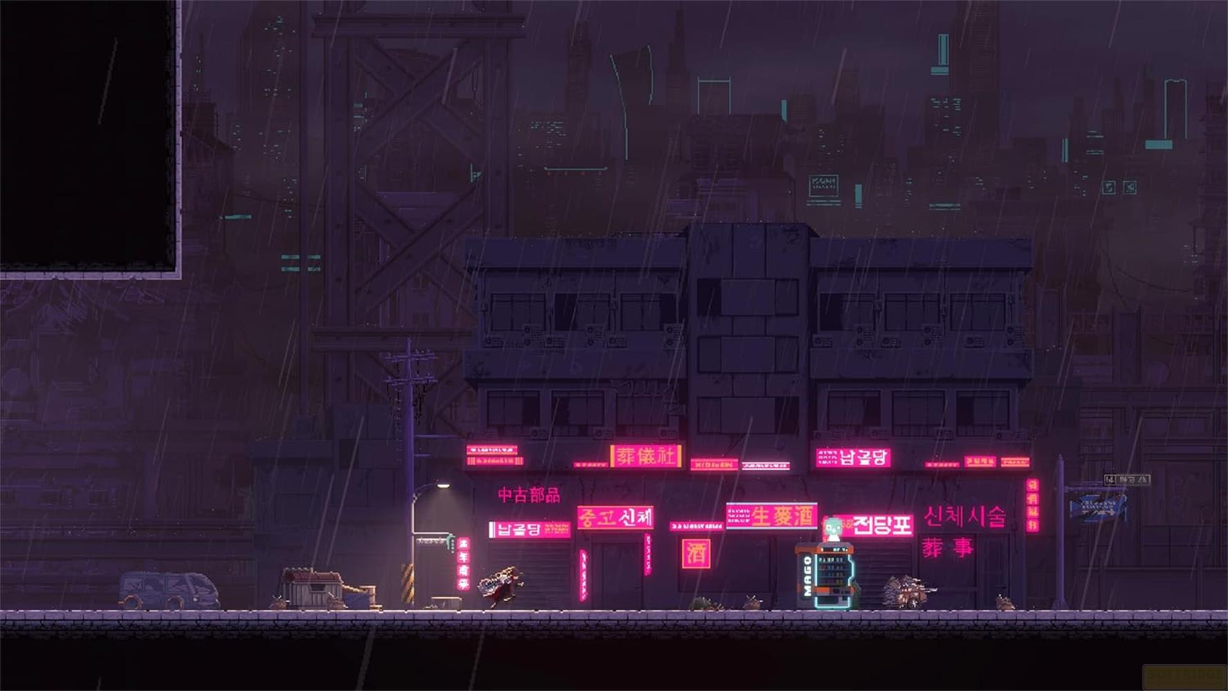 Nuit pluvieuse dans une ville cyberpunk avec néons et bâtiments.