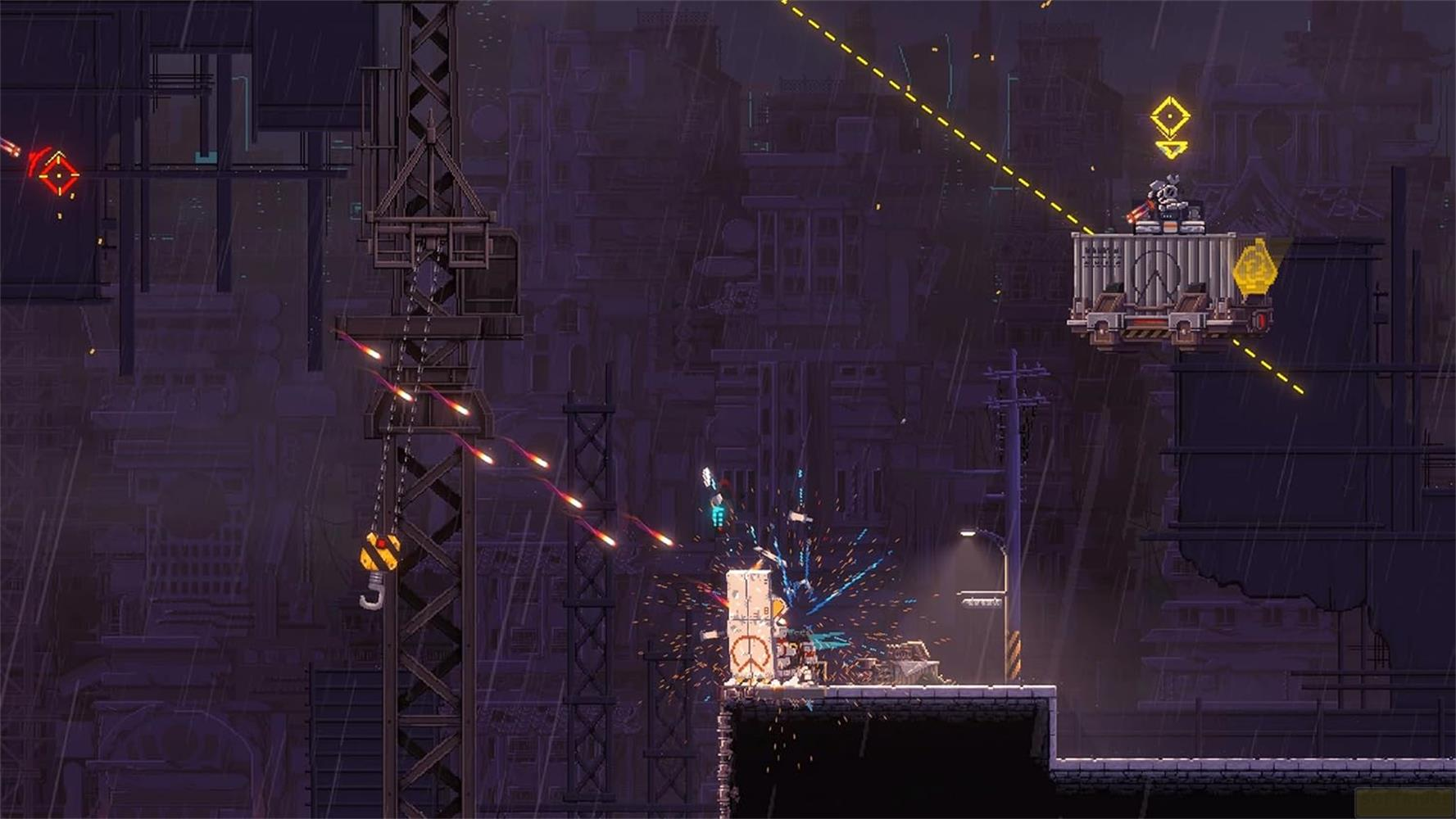Scène pixel art sous la pluie : Un personnage combat sur une plateforme contre un conteneur sur un drone.
